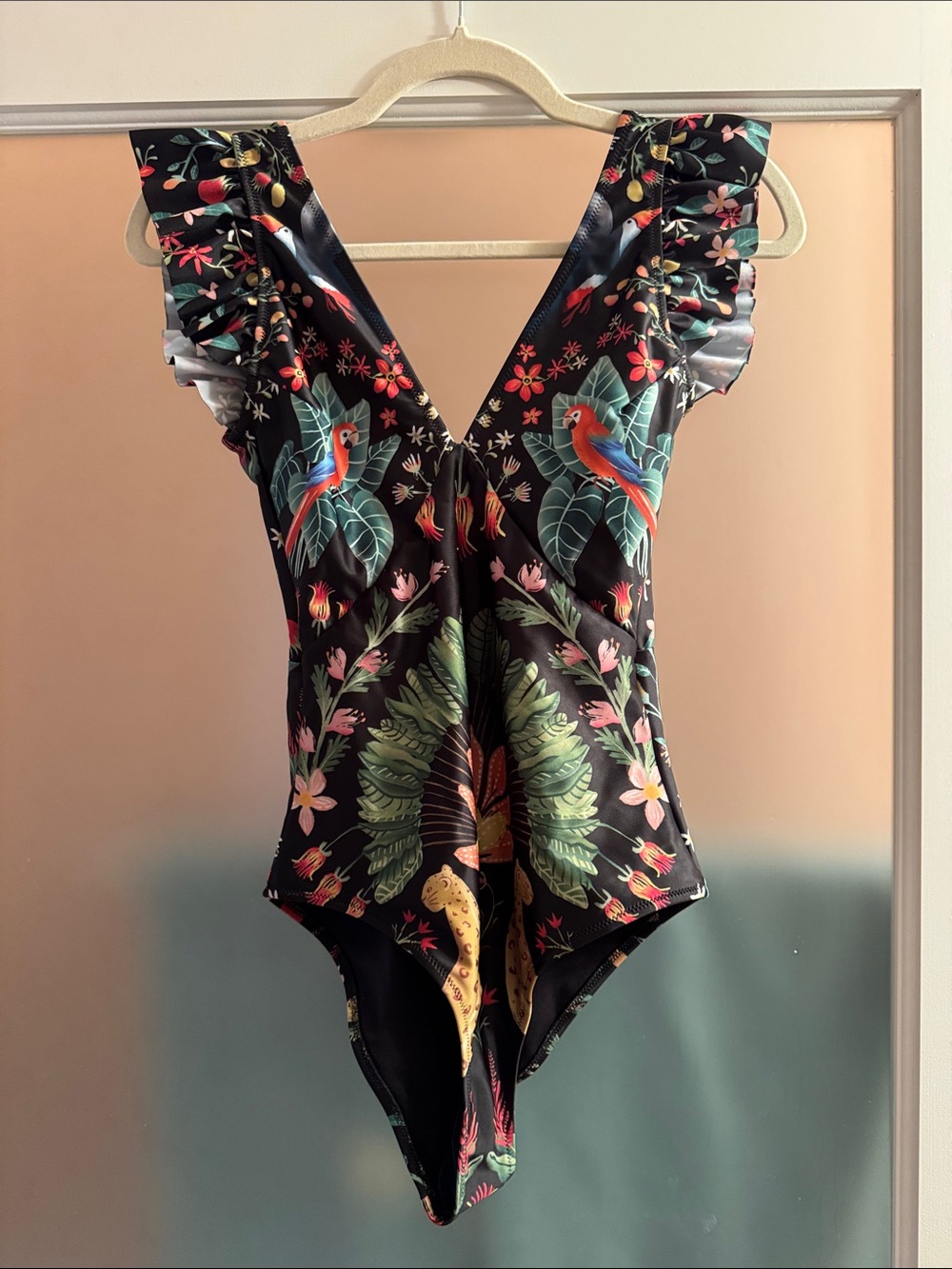 V-Neck Ruffle Sleeve Black Tropical Print Women’s Swimsuit